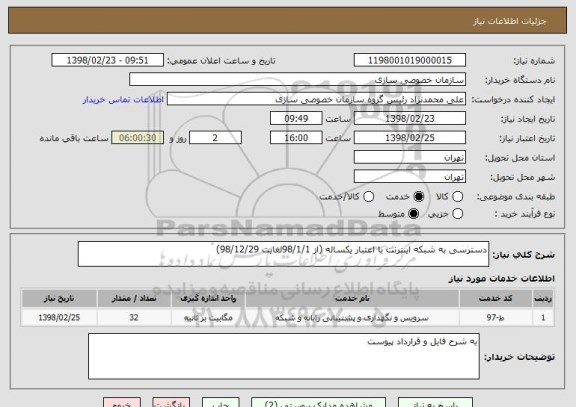 استعلام دسترسی به شبکه اینترنت با اعتبار یکساله (از 98/1/1لغایت 98/12/29)