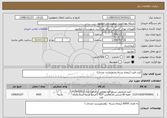 استعلام کیت فیت (پنجاه بسته صدوبیست عددی)