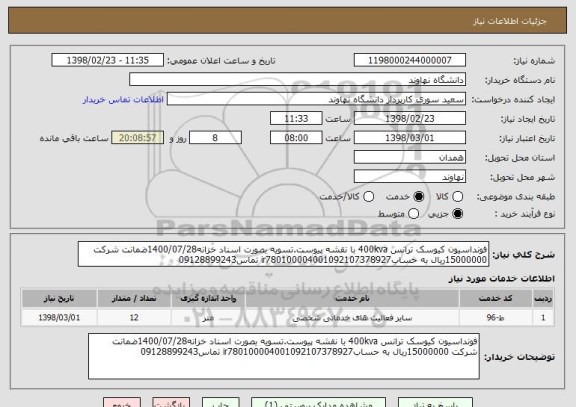 استعلام فونداسیون کیوسک ترانس 400kva با نقشه پیوست.تسویه بصورت اسناد خزانه1400/07/28ضمانت شرکت 15000000ریال به حسابir780100004001092107378927 تماس09128899243 