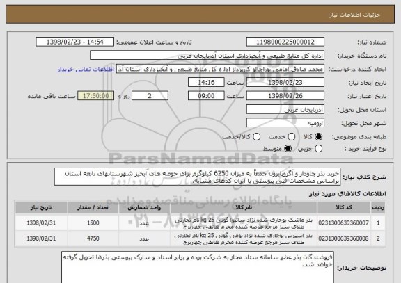 استعلام خرید بذر چاودار و آگروپایرون جمعاً به میزان 6250 کیلوگرم برای حوضه های آبخیز شهرستانهای تابعه استان براساس مشخصات فنی پیوستی با ایران کدهای مشابه.