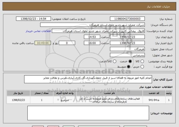 استعلام انجام کلیه امور مربوط به فضای سبز از قبیل حفظ،نگهداری،گل کاری،آبیاری،هرس و نظافت معابر