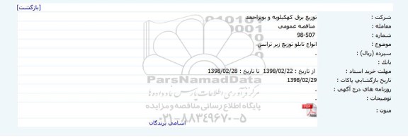 مناقصه, مناقصه انواع تابلو توزیع زیر ترانس    