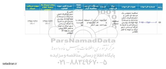 مناقصه تامین و حمل بارگیری ، حمل ، باراندازی و چیدمان لوله فولادی