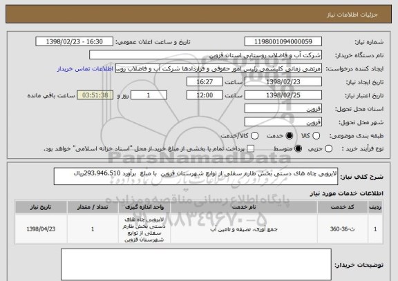 استعلام لایروبی چاه های دستی بخش طارم سفلی از توابع شهرستان قزوین  با مبلغ  برآورد 293،946،510ریال 