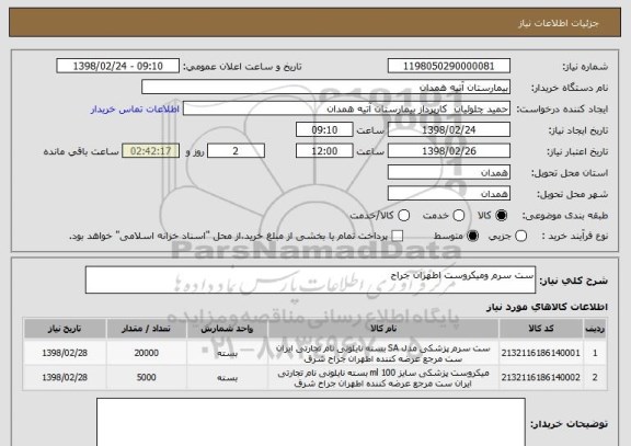 استعلام ست سرم ومیکروست اطهران جراح