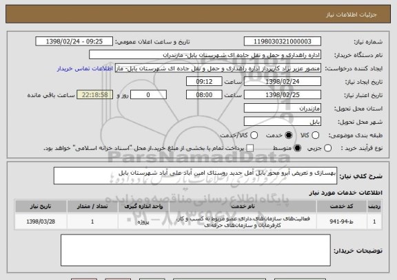 استعلام بهسازی و تعریض آبرو محور بابل آمل جدید روستای امین آباد علی آباد شهرستان بابل