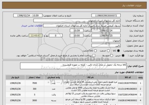 استعلام کالا درجه یک -نحویل در محل زندان نائین - کرایه ب عهده فروشنده