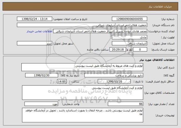 استعلام لوازم و کیت های مربوط به آزمایشگاه طبق لیست پیوستی