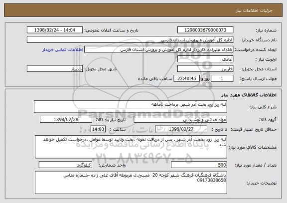 استعلام لپه ریز زود پخت آدر شهر  پرداخت 1ماهه 