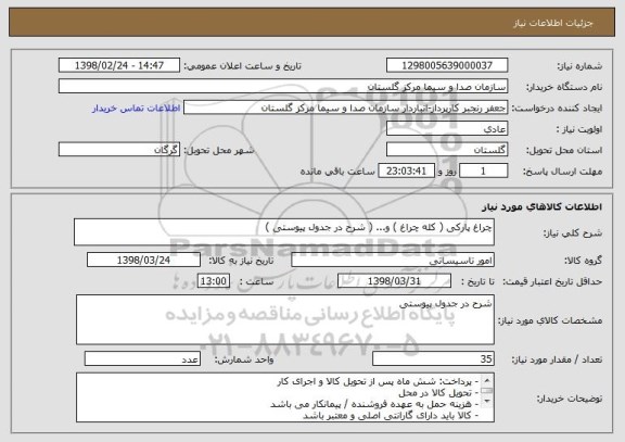 استعلام چراغ پارکی ( کله چراغ ) و... ( شرح در جدول پیوستی )