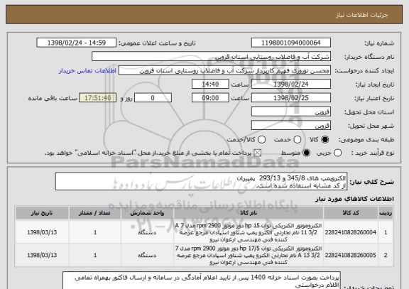 استعلام الکتروپمپ های 345/8 و 293/13  پمپیران از کد مشابه استفاده شده است.