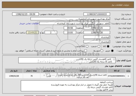استعلام  کاغذ آ4هشتاد گرمی درجه یک 50کارتن
کاغذ آ5 درجه یک 20کارتن 
