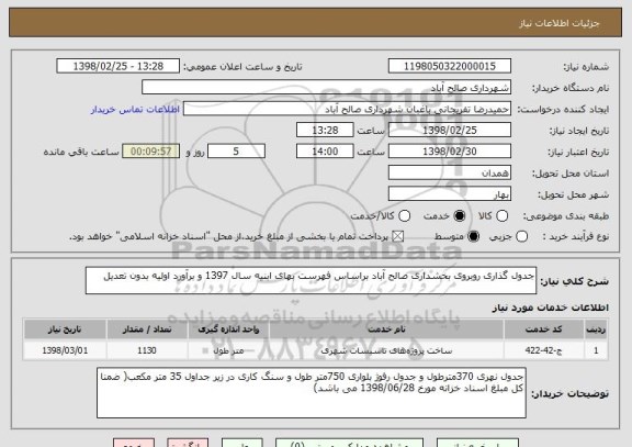 استعلام جدول گذاری روبروی بخشداری صالح آباد براساس فهرست بهای ابنیه سال 1397 و برآورد اولیه بدون تعدیل 