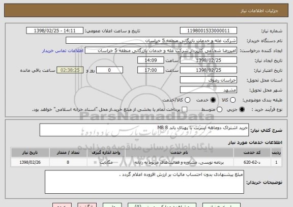 استعلام خرید اشتراک دوماهه اینترنت با پهنای باند MB 8