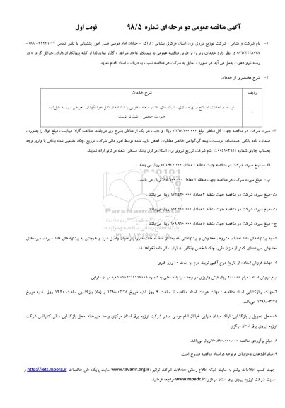 آگهی مناقصه عمومی, مناقصه توسعه و احداث، اصلاح و بهینه سازی، شبکه های فشار ضعیف هوایی