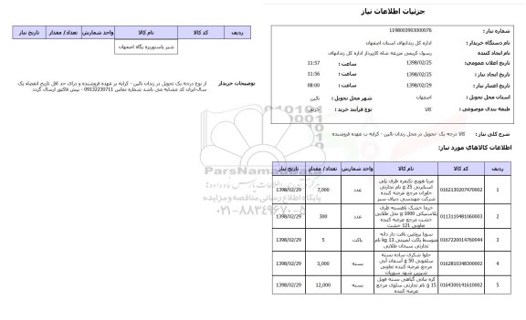 استعلام کالا درجه یک -نحویل در محل زندان نائین - کرایه ب عهده فروشنده