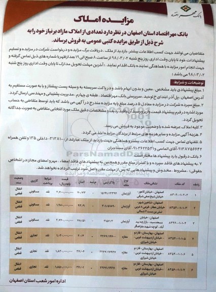مزایده،مزایده فروش تعدادی از املاک مازاد کاربری مسکونی و تجاری 