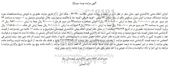 مزایده، مزایده ششدانگ عرصه و اعیان منزل مسکونی