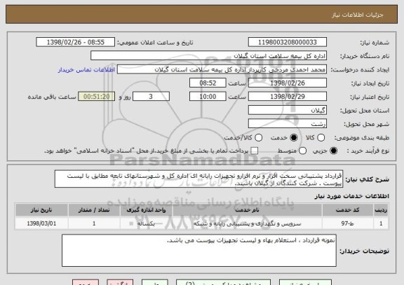 استعلام قرارداد پشتیبانی سخت افزار و نرم افزارو تجهیزات رایانه ای اداره کل و شهرستانهای تابعه مطابق با لیست پیوست . شرکت کنندگان از گیلان باشند. 