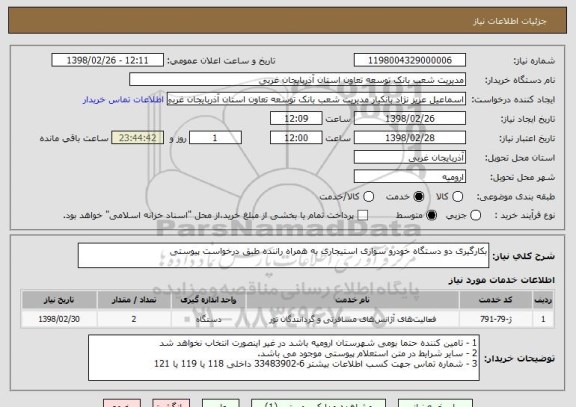 استعلام بکارگیری دو دستگاه خودرو سواری استیجاری به همراه راننده طبق درخواست پیوستی
