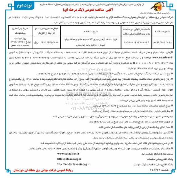 مناقصه مناقصه خرید 1650 زنجیره یراق آلات سیم هادی و ... - نوبت دوم 