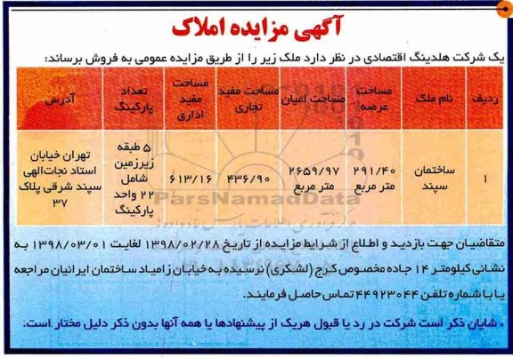 مزایده , مزایده ملک به مساحت 291.40 مترمربع