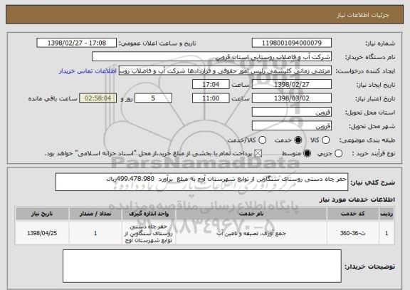 استعلام حفر چاه دستی روستای سنگاوین از توابع شهرستان آوج به مبلغ  برآورد  499،478،980ریال