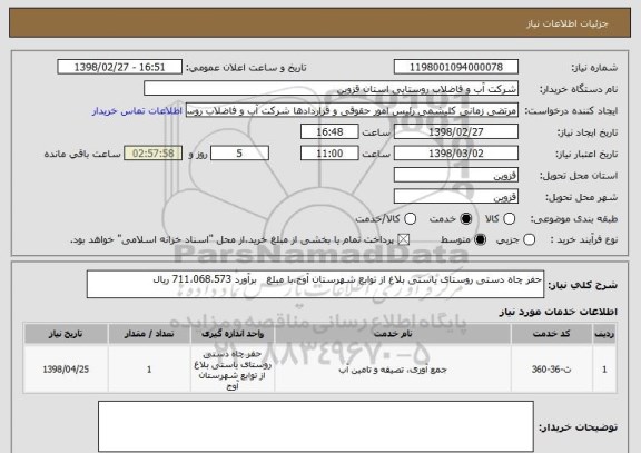 استعلام حفر چاه دستی روستای یاستی بلاغ از توابع شهرستان آوج،با مبلغ   برآورد 711،068،573 ریال  