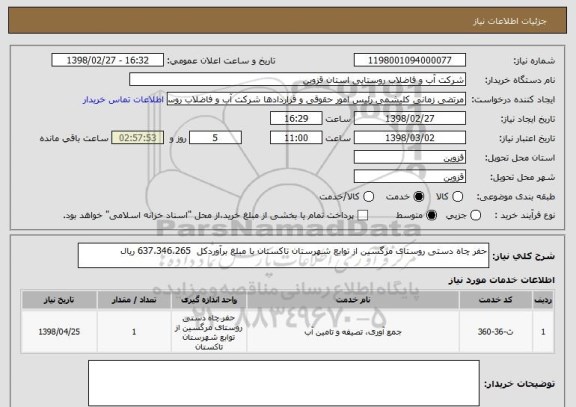 استعلام حفر چاه دستی روستای مرگسین از توابع شهرستان تاکستان با مبلغ برآوردکل  637،346،265 ریال