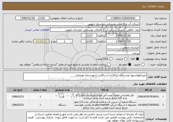 استعلام خریداتوماسیون ودستگاه برداشت آب باکارت شهرستان نهبندان.