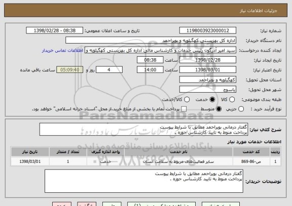 استعلام گفتار درمانی بویراحمد مطابق با شرایط پیوست 
پرداخت منوط به تایید کارشناس حوزه .