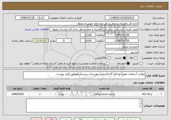 استعلام روکش آسفالت محورآبنو-علی آبادکشمر(شهرستان بردسکن)مطابق فایل پیوست