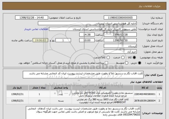 استعلام کارت افتاب نگار و سنسور دما و رطوبت طبق مشخصات لیست پیوست ایران کد انتخابی مشابه می باشد
