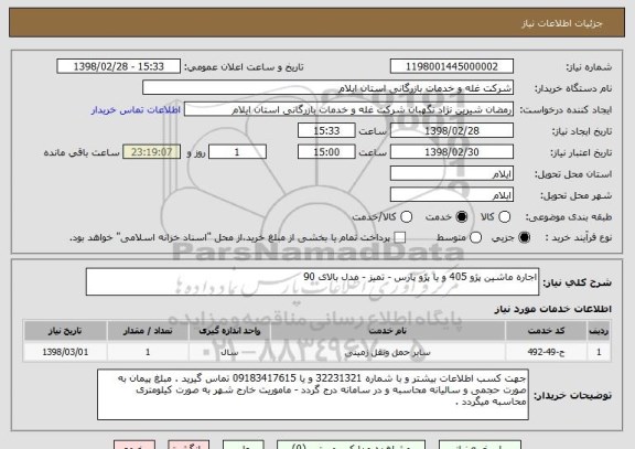 استعلام اجاره ماشین پژو 405 و یا پژو پارس - تمیز - مدل بالای 90
