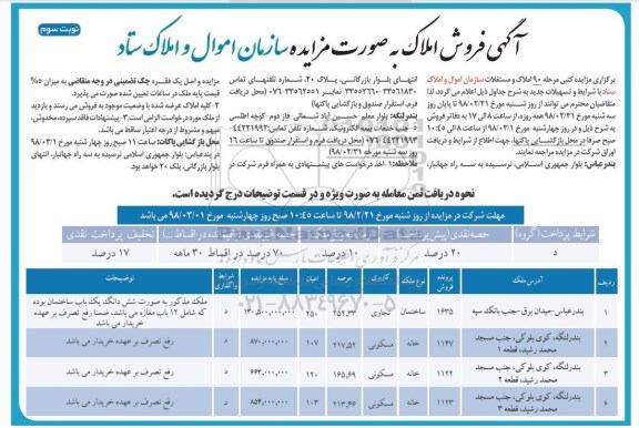 مزایده ، نودمین مزایده کتبی املاک و مستغلات 