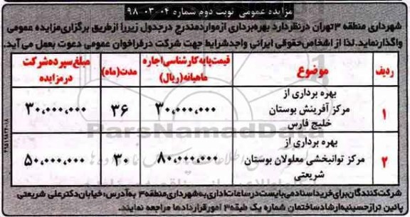 مزایده مزایده بهره برداری از مرکز آفرینش و ...