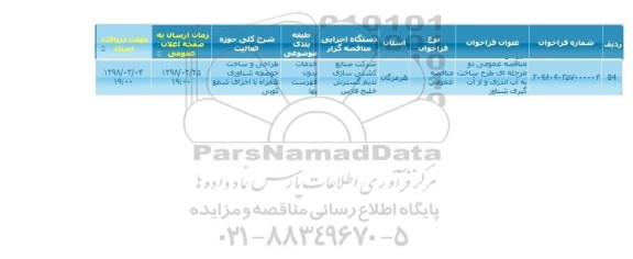 مناقصه عمومی, مناقصه  طرح ساخت به آب اندازی و از آب گیری شناور