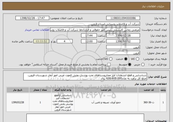استعلام شناسایی و قطع انشعابات غیر مجازروستاهای تحت پوشش بخش الموت غربی امور آبفار شهرستان قزوین، مبلغ کل برآورد به عدد426،600،000 ریال 