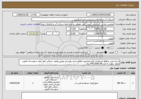 استعلام شناسایی و قطع انشعابات غیر مجازروستاهای تحت پوشش بخش الموت شرقی امور آبفار شهرستان قزوین مبلغ  برآورد به عدد445،500،00 ریال 