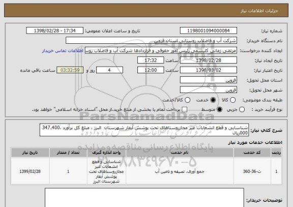 استعلام شناسایی و قطع انشعابات غیر مجازروستاهای تحت پوشش آبفار شهرستان  البرز ، مبلغ کل برآورد 347،400،000ریال