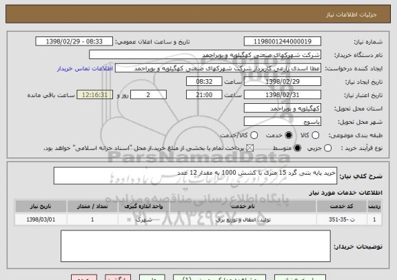 استعلام خرید پایه بتنی گرد 15 متری با کشش 1000 به مقدار 12 عدد