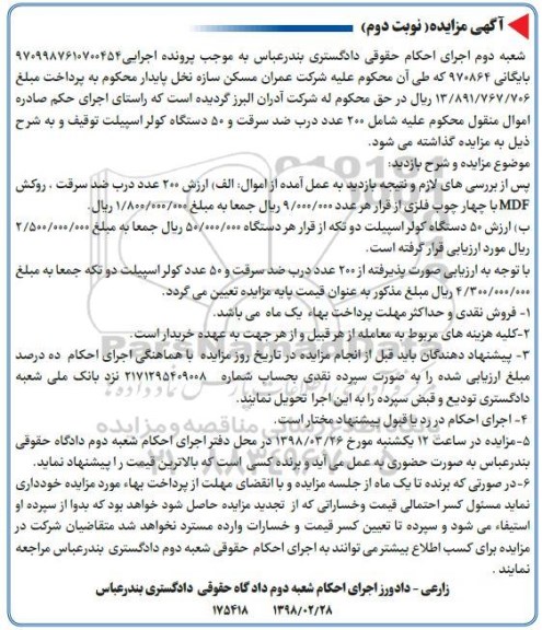 مزایده, مزایده 200 عدد درب ضد سرقت و 50دستگاه کولر اسپیلت