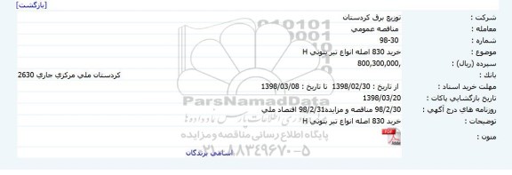 مناقصه, مناقصه H خرید 830 اصله انواع تیر بتونی 