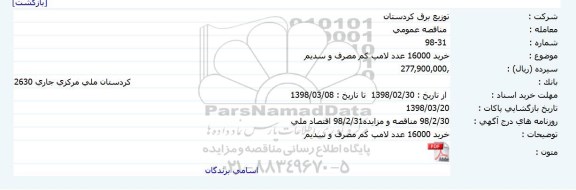 مناقصه, مناقصه خرید 16000 عدد لامپ کم مصرف و سدیم 