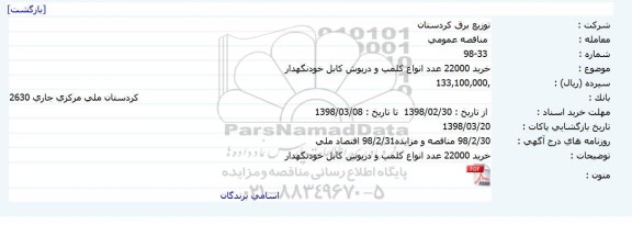 مناقصه ، مناقصه  خرید 22000 عدد انواع کلمپ و درپوش کابل خودنگهدار    