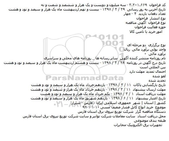 مناقصه, مناقصه خرید انواع کابل فشار ضعیف مسی