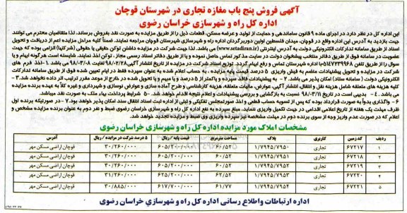 مزایده,مزایده فروش پنج باب مغازه تجاری