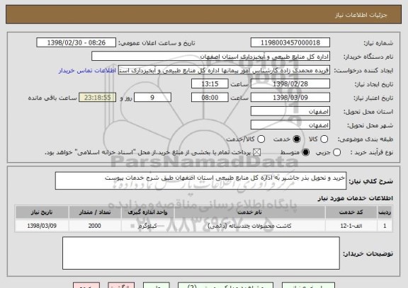 استعلام خرید و تحویل بذر جاشیر به اداره کل منابع طبیعی استان اصفهان طبق شرح خدمات پیوست