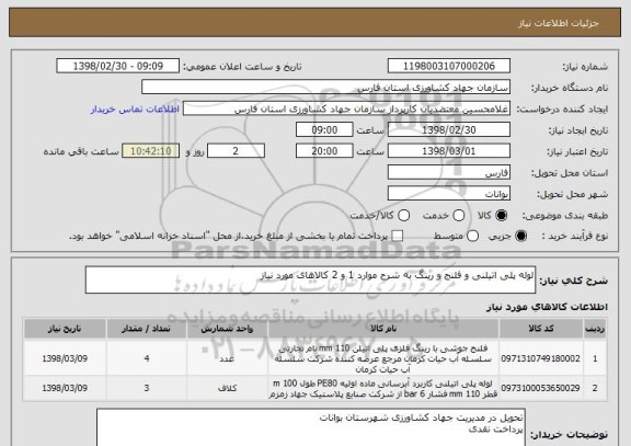 استعلام لوله پلی اتیلنی و فلنج و رینگ به شرح موارد 1 و 2 کالاهای مورد نیاز