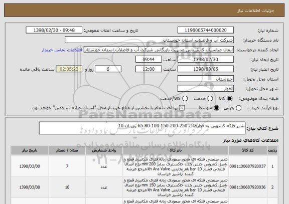 استعلام شیر فلکه کشویی به قطرهای 250-200-150-100-80-65 پی ان 10 
